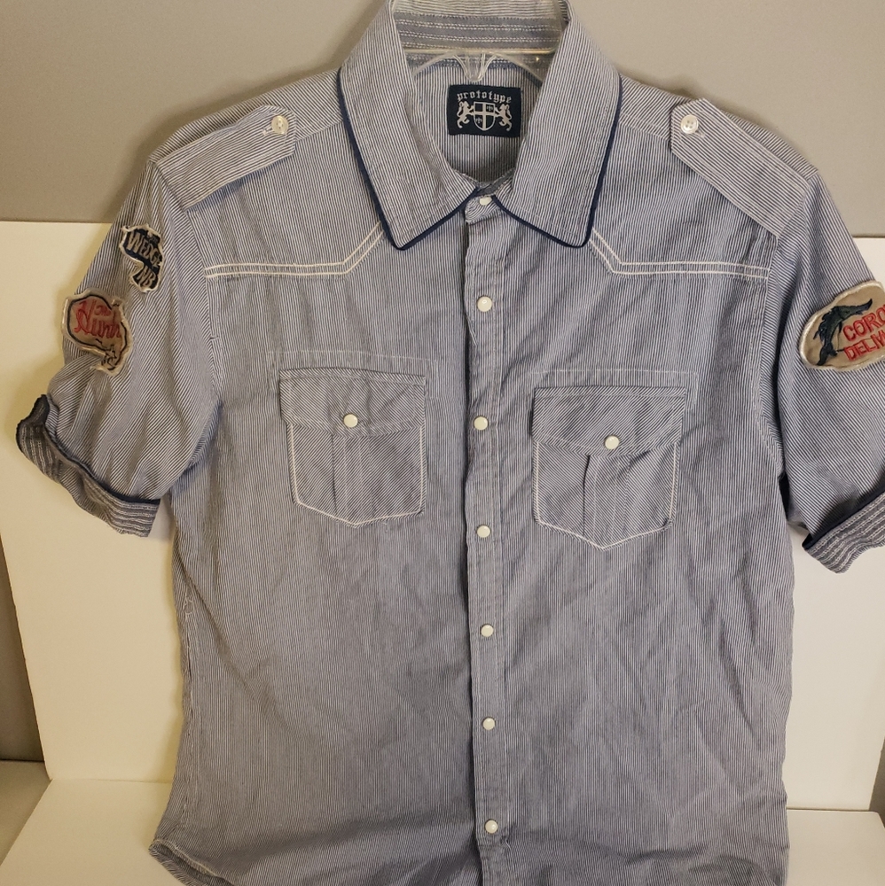 Prototype Button-Down Shirt Men's Size Medium - white/blue lines with patchings